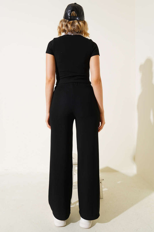 Zweiteiliges Set mit geripptem Hemdkragen, Schwarz