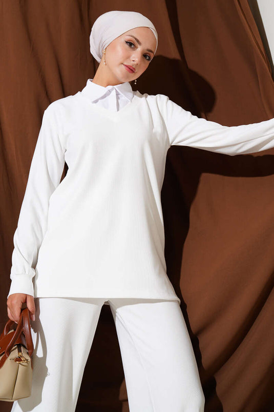 Gömlek Yaka Fitilli Salaş İkili Takım Beyaz