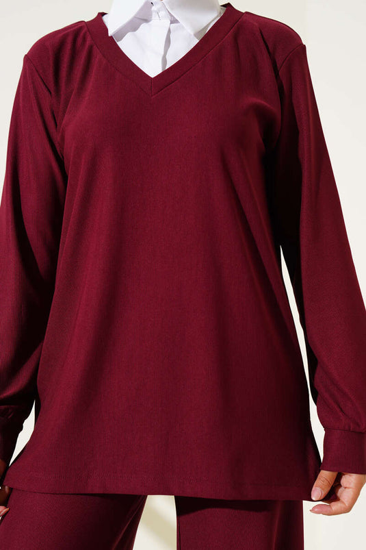 Gömlek Yaka Fitilli Salaş İkili Takım Bordo