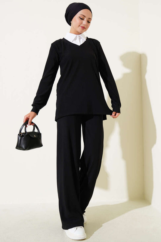 Gömlek Yaka Fitilli Salaş İkili Takım Siyah