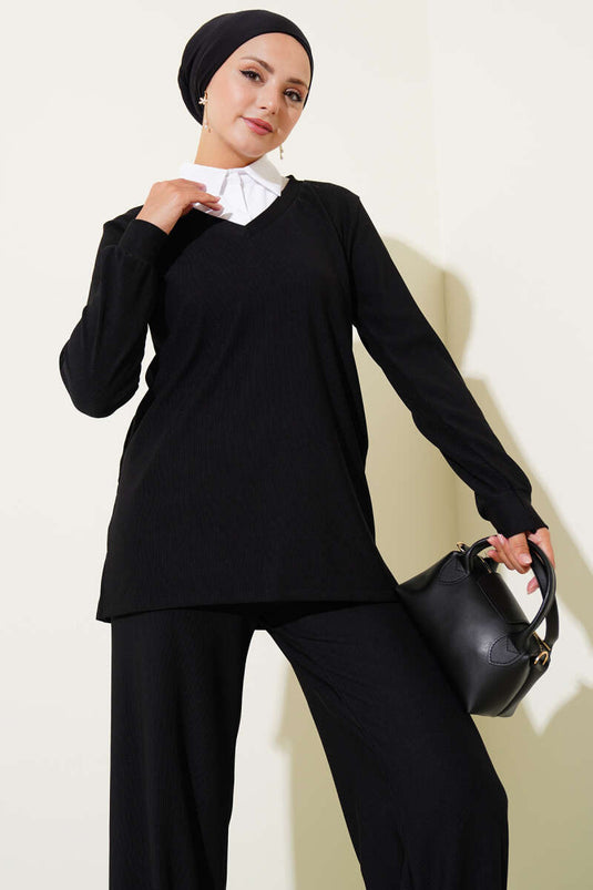 Gömlek Yaka Fitilli Salaş İkili Takım Siyah