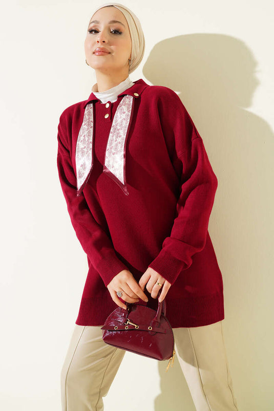 Shirt Collar Scarf Knitted Tunic, Burgundy
