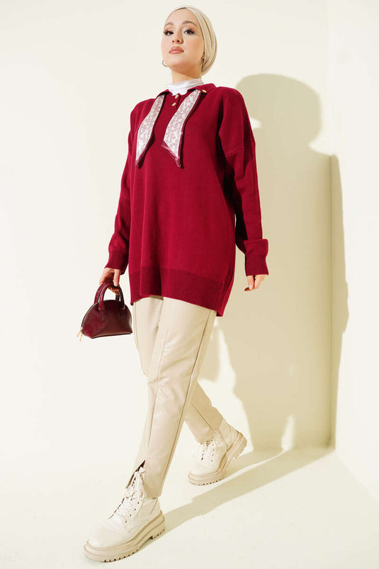 Shirt Collar Scarf Knitted Tunic, Burgundy