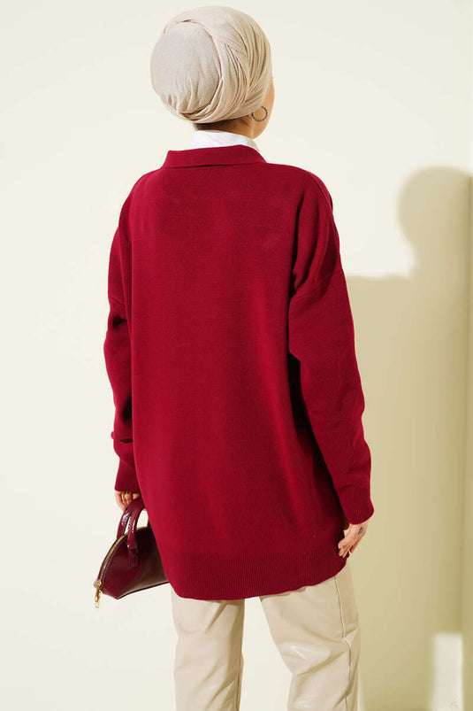 Shirt Collar Scarf Knitted Tunic, Burgundy
