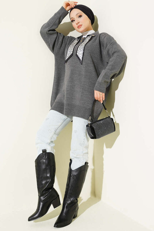 Shirt Collar Scarf Knitted Tunic, Dark Gray