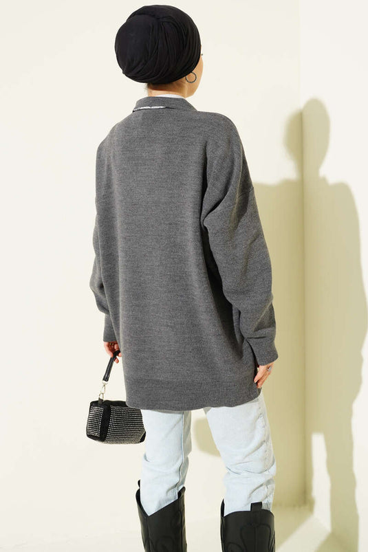 Shirt Collar Scarf Knitted Tunic, Dark Gray