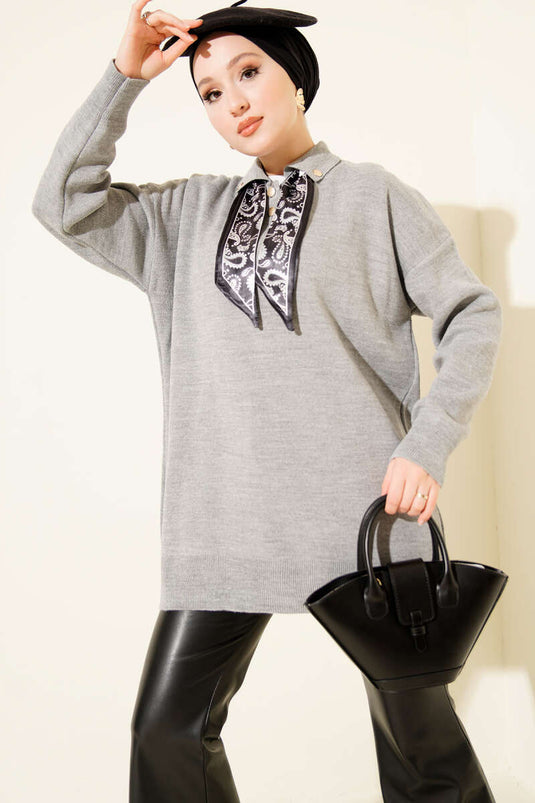 Shirt Collar Scarf Knitted Tunic Grey