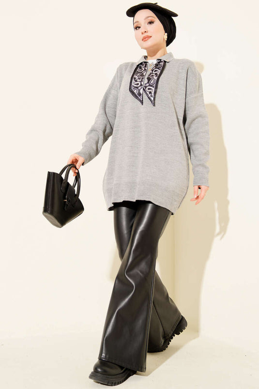 Shirt Collar Scarf Knitted Tunic Grey