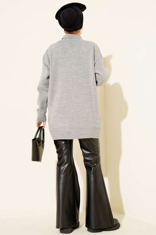 Shirt Collar Scarf Knitted Tunic Grey