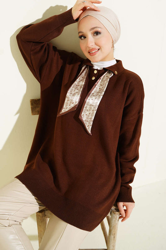 Shirt Collar Scarf Knitted Tunic, Brown