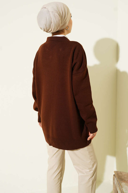 Shirt Collar Scarf Knitted Tunic, Brown