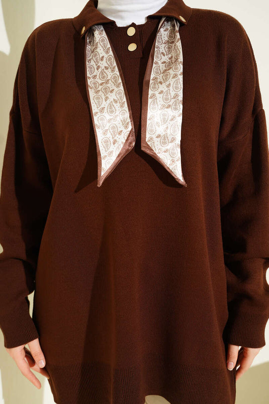 Shirt Collar Scarf Knitted Tunic, Brown