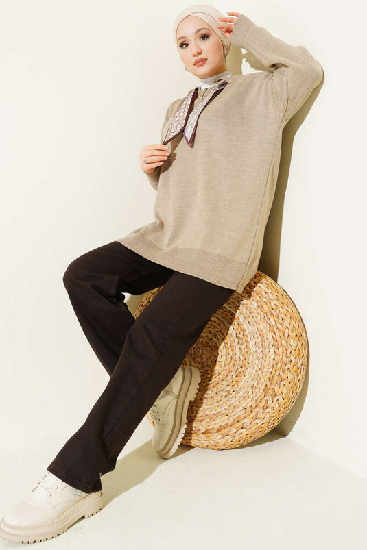 Shirt Collar Scarf Knitted Tunic Latte