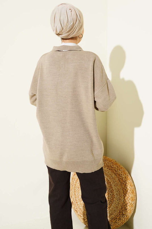 Shirt Collar Scarf Knitted Tunic Latte