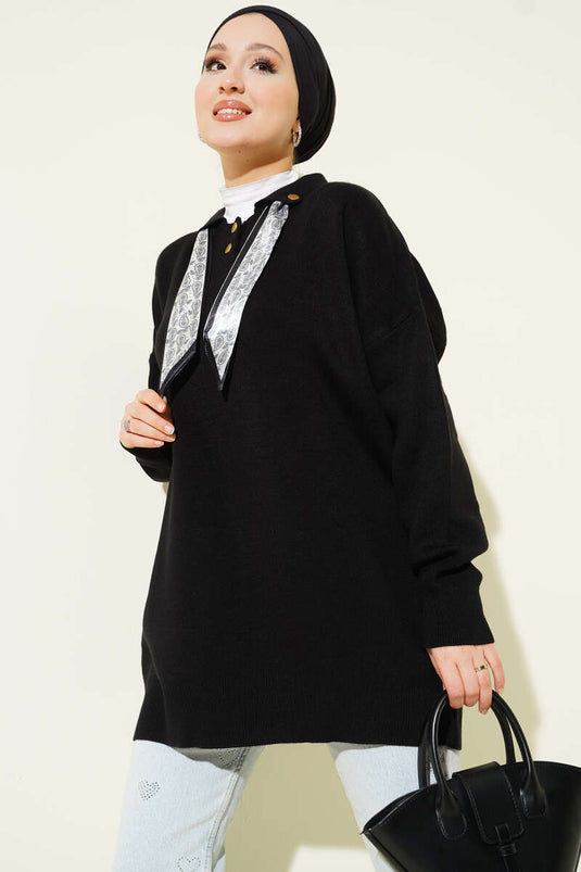 وشاح بياقة قميص، سترة محبوكة، أسود