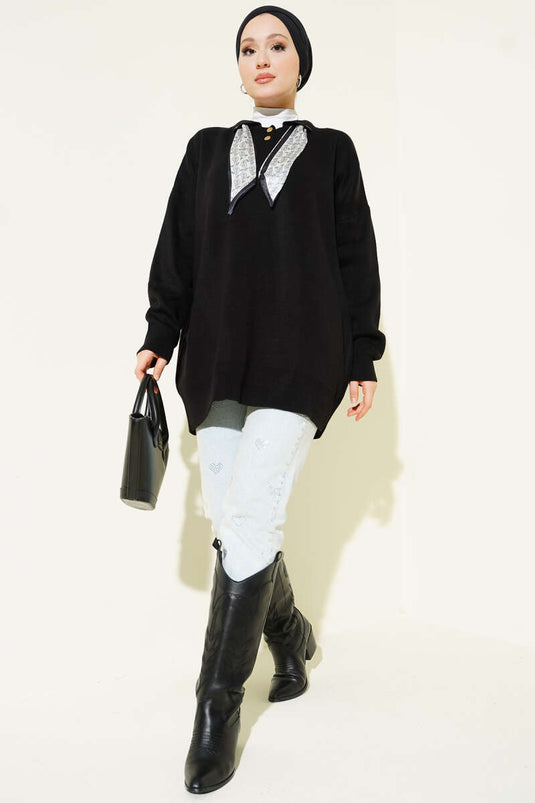 وشاح بياقة قميص، سترة محبوكة، أسود