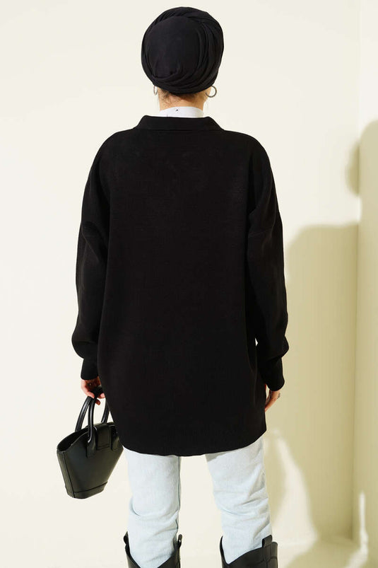 وشاح بياقة قميص، سترة محبوكة، أسود