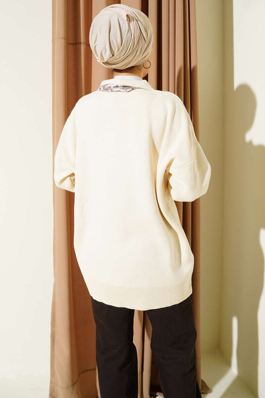 وشاح بياقة قميص، سترة محبوكة بلون حجري