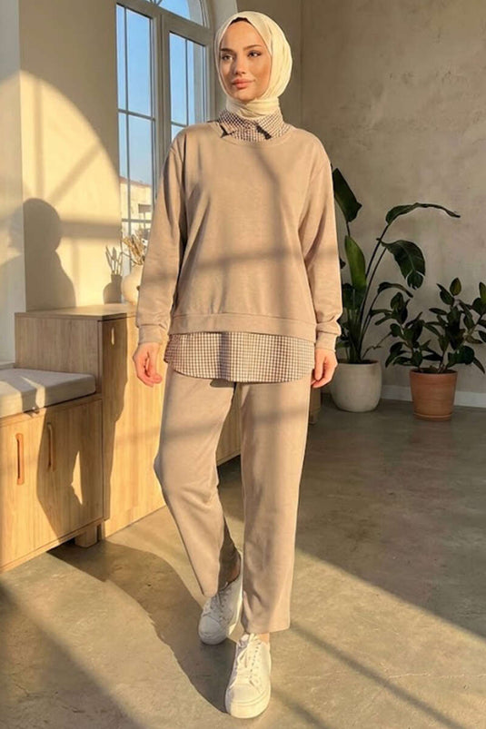 Shirt Collar Trimmed Two-Piece Set Beige