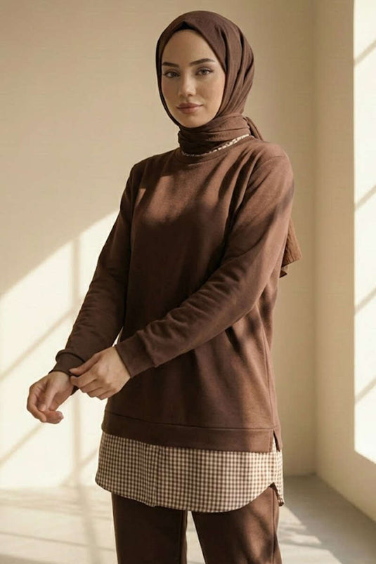 Ensemble double avec col chemise orné, couleur café