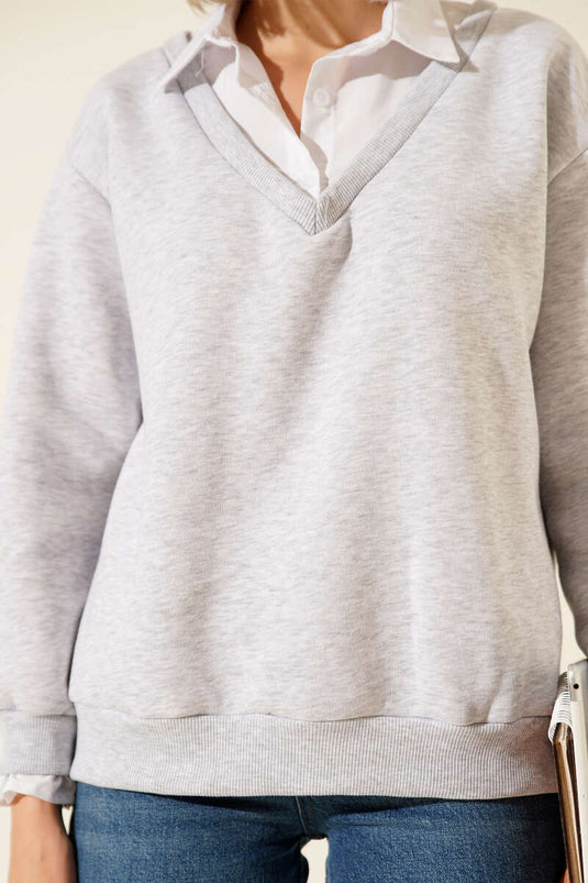 Shirt Collar Trimmed Brushed Sweatshirt Melange Grey