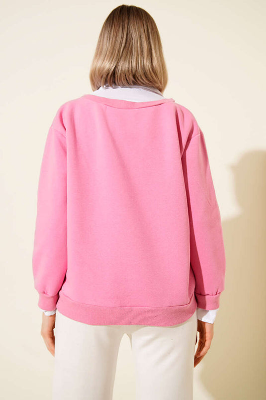 Gömlek Yaka Garnili Şardonlu Sweatshirt Pembe
