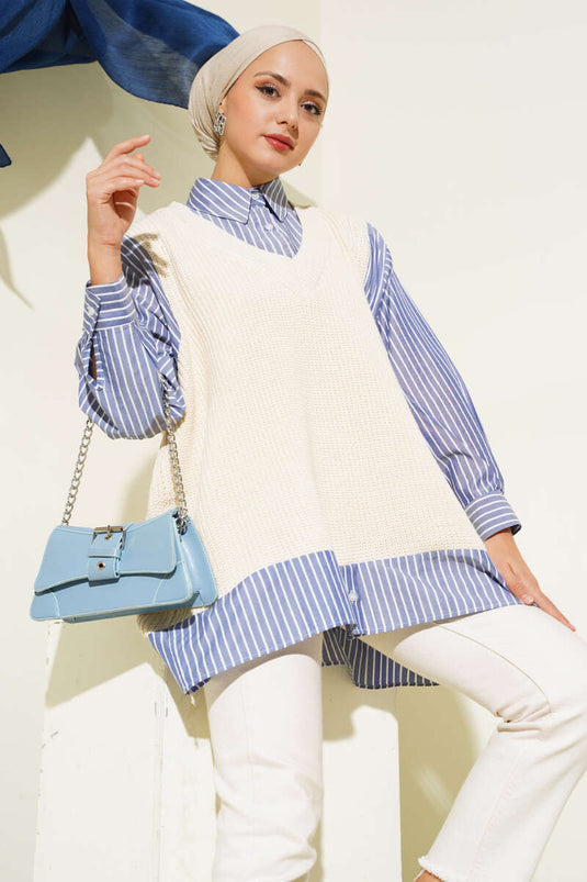 سترة مزينة بياقة قميص باللون البيج والأزرق الداكن