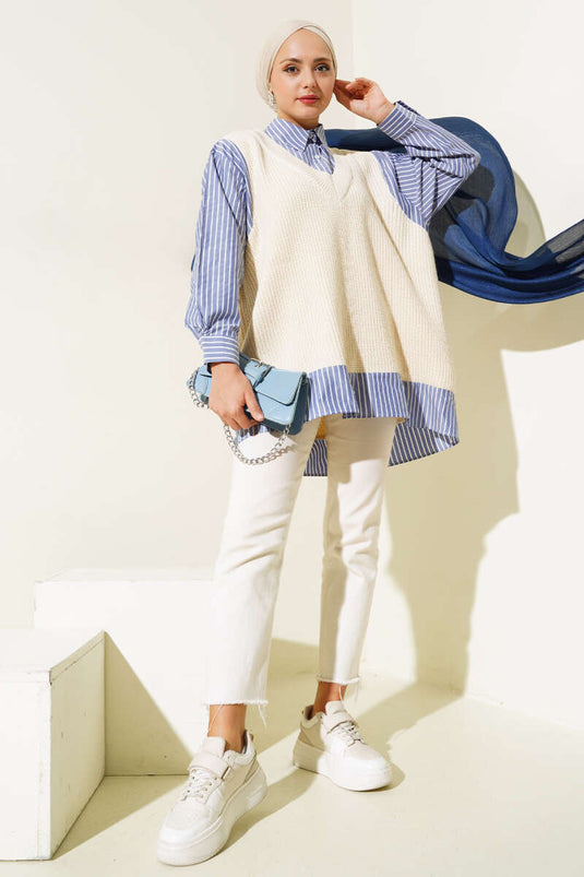 Pull à col de chemise orné beige et bleu marine