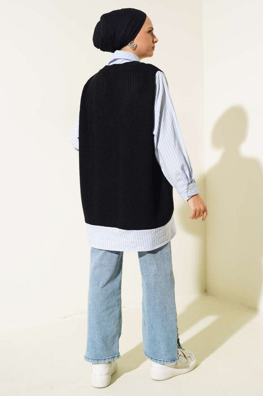 سترة مزينة بياقة قميص، أزرق وأسود