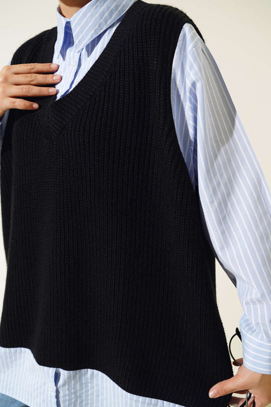 Shirt Collar Garnished Sweater Blue Black