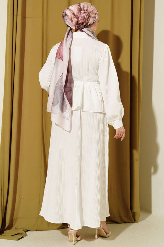 Shirt Collar Drawstring Skirt Two-Piece Set White