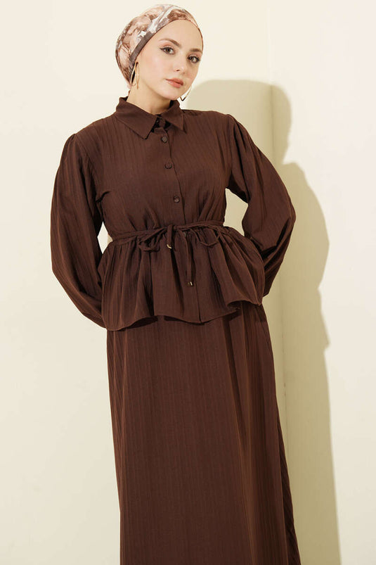 Shirt Collar Drawstring Skirt Two-Piece Set Brown