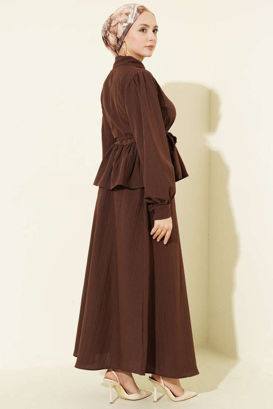 Shirt Collar Drawstring Skirt Two-Piece Set Brown