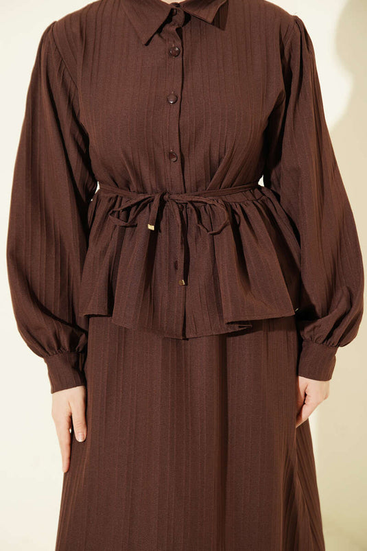 Shirt Collar Drawstring Skirt Two-Piece Set Brown