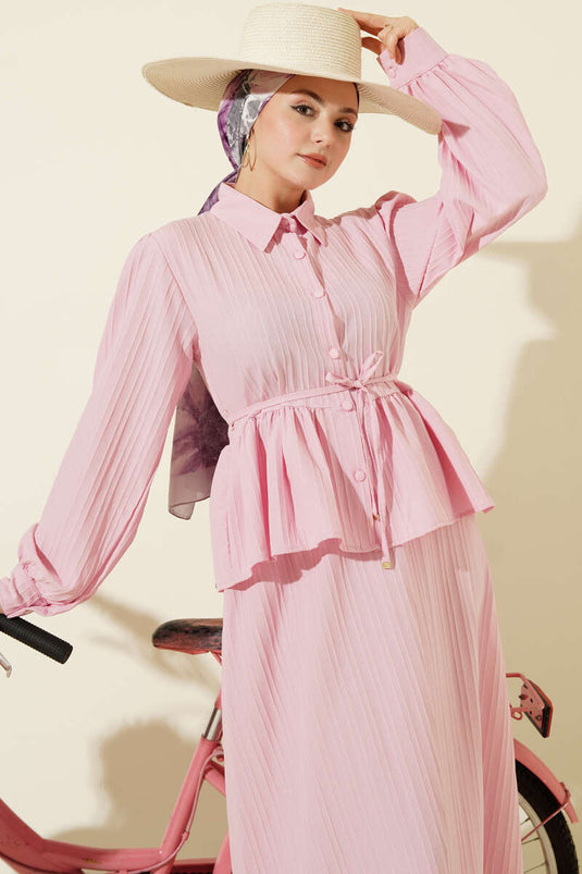 Shirt Collar Drawstring Skirt Two-Piece Set Pink