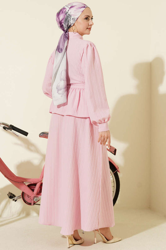 Shirt Collar Drawstring Skirt Two-Piece Set Pink