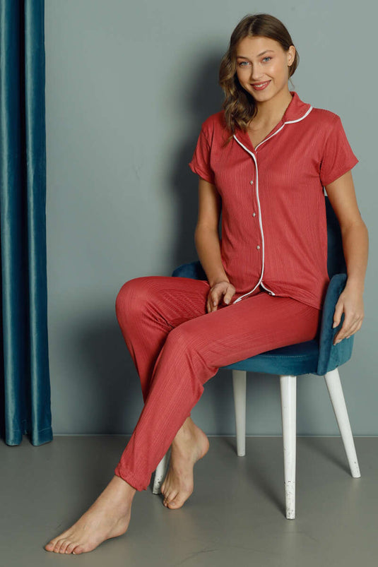 Gömlek Yaka Kadın Pijama Takım Gül Kurusu