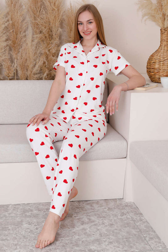 Shirt Collar Heart Patterned Pajama Set White