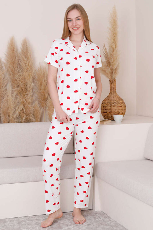 Gömlek Yaka Kalp Desenli Pijama Takımı Beyaz
