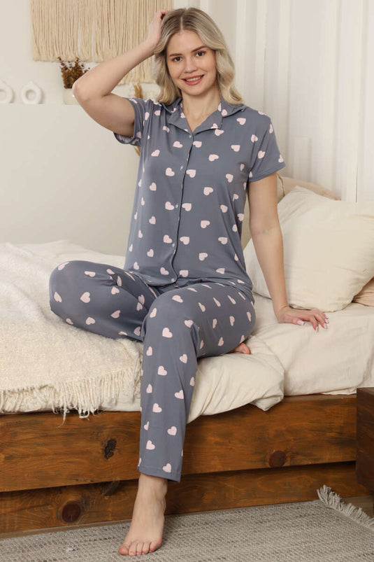 Shirt Collar Heart Patterned Pajama Set Gray