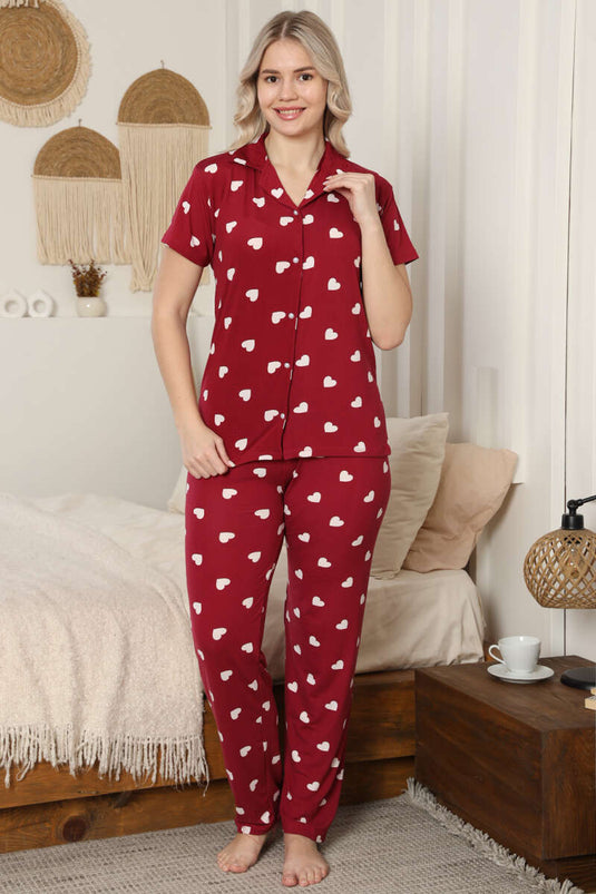 Shirt Collar Heart Patterned Pajama Set Red