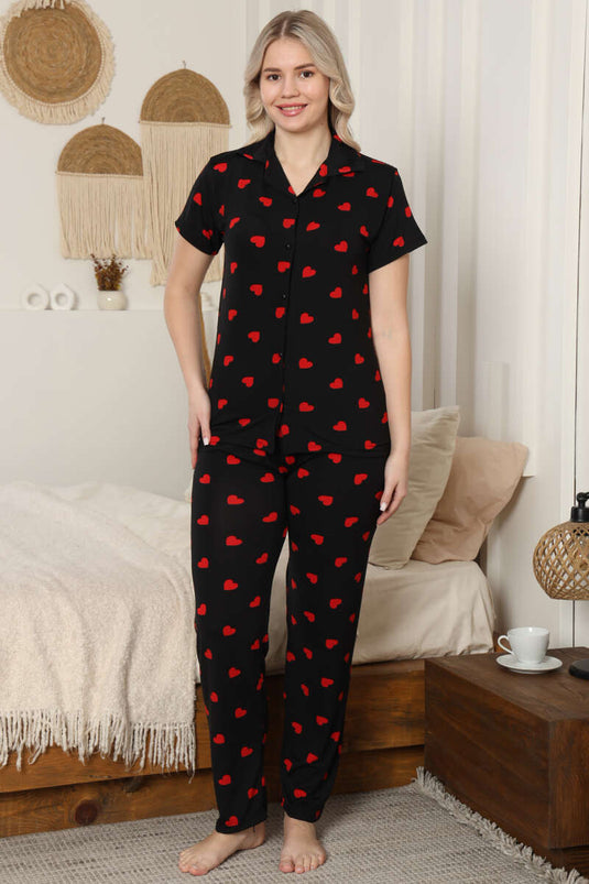 Shirt Collar Heart Patterned Pajama Set Black