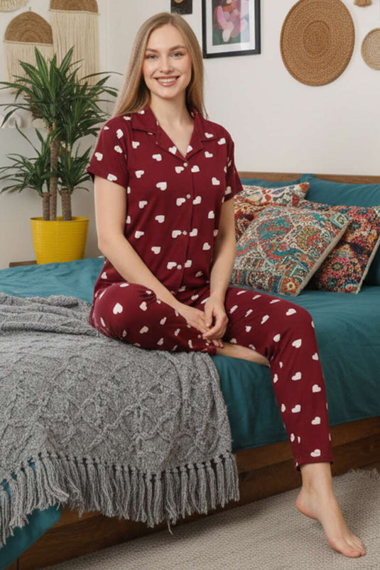 Gömlek Yaka Kalp Desenli Pijama Takımı Vişne