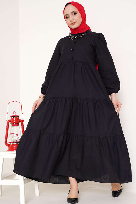Shirt Collar Layered Dress Black