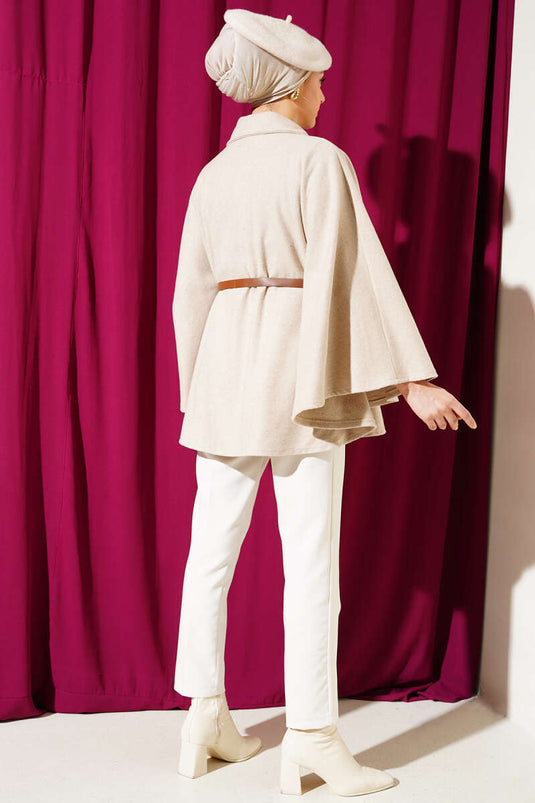 Poncho beige en cachemire à col chemise et ceinture