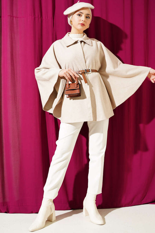 Poncho beige en cachemire à col chemise et ceinture