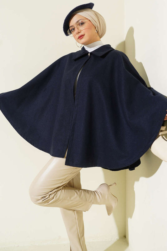 Gömlek Yaka Kemerli Kaşe Panço Lacivert