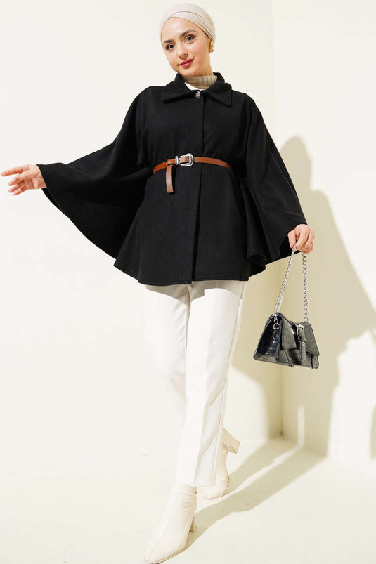 Shirt Collar Belted Cashmere Poncho Black