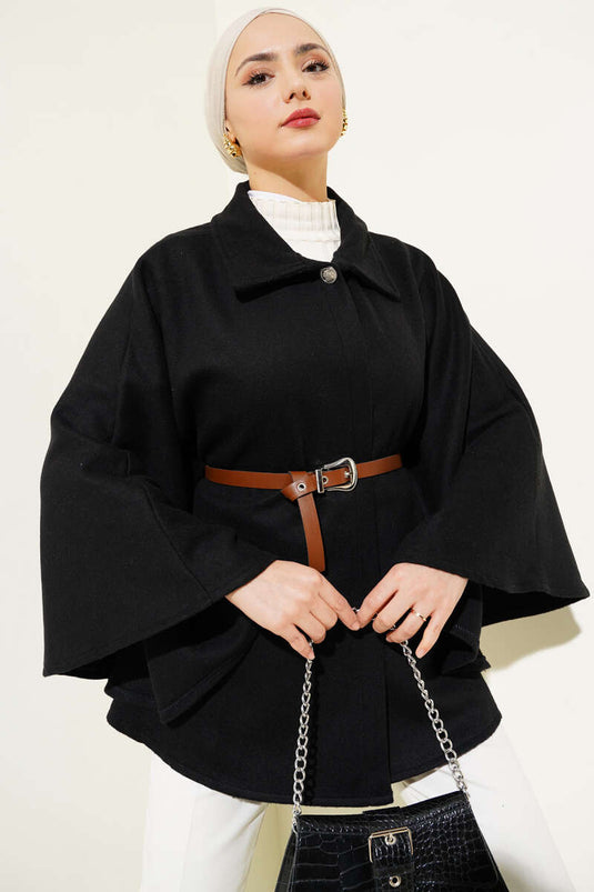 Shirt Collar Belted Cashmere Poncho Black