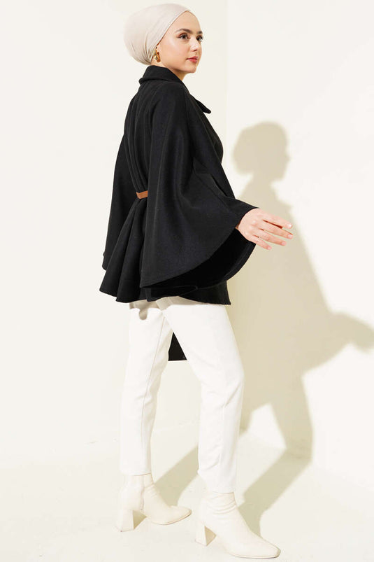 Shirt Collar Belted Cashmere Poncho Black
